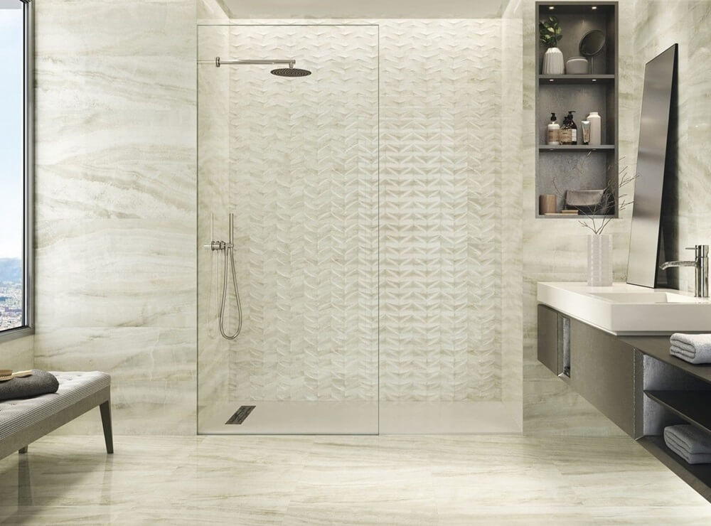Padova panna slab tiles in bathroom setting